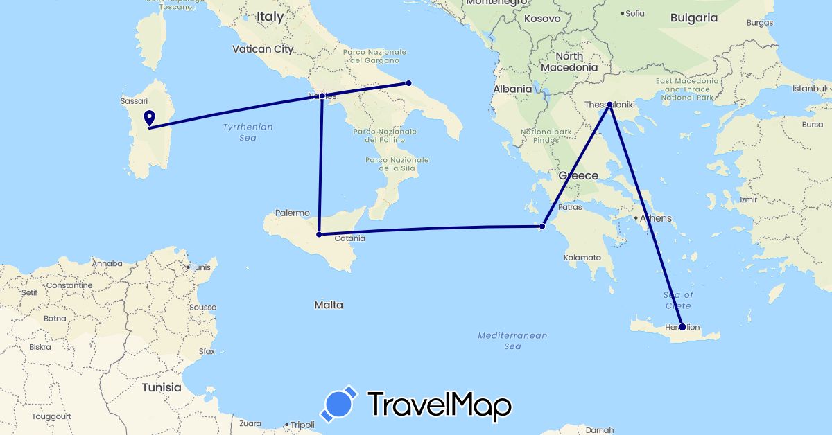 TravelMap itinerary: driving in Greece, Italy (Europe)